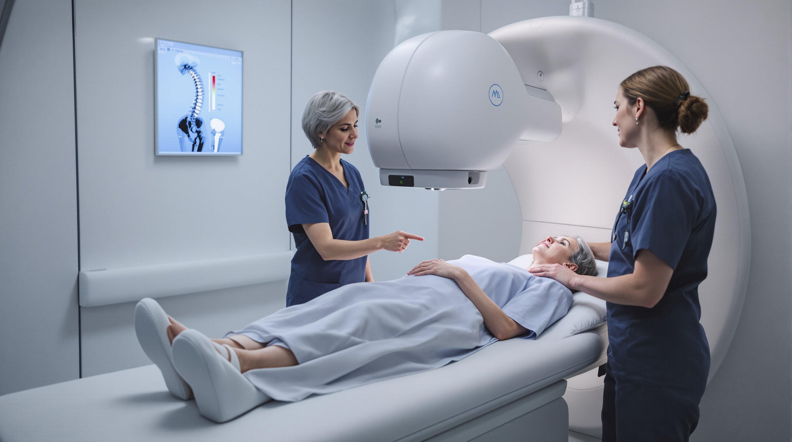 patient in hospital gown receiving DXA scan for lumbar and hip bone density