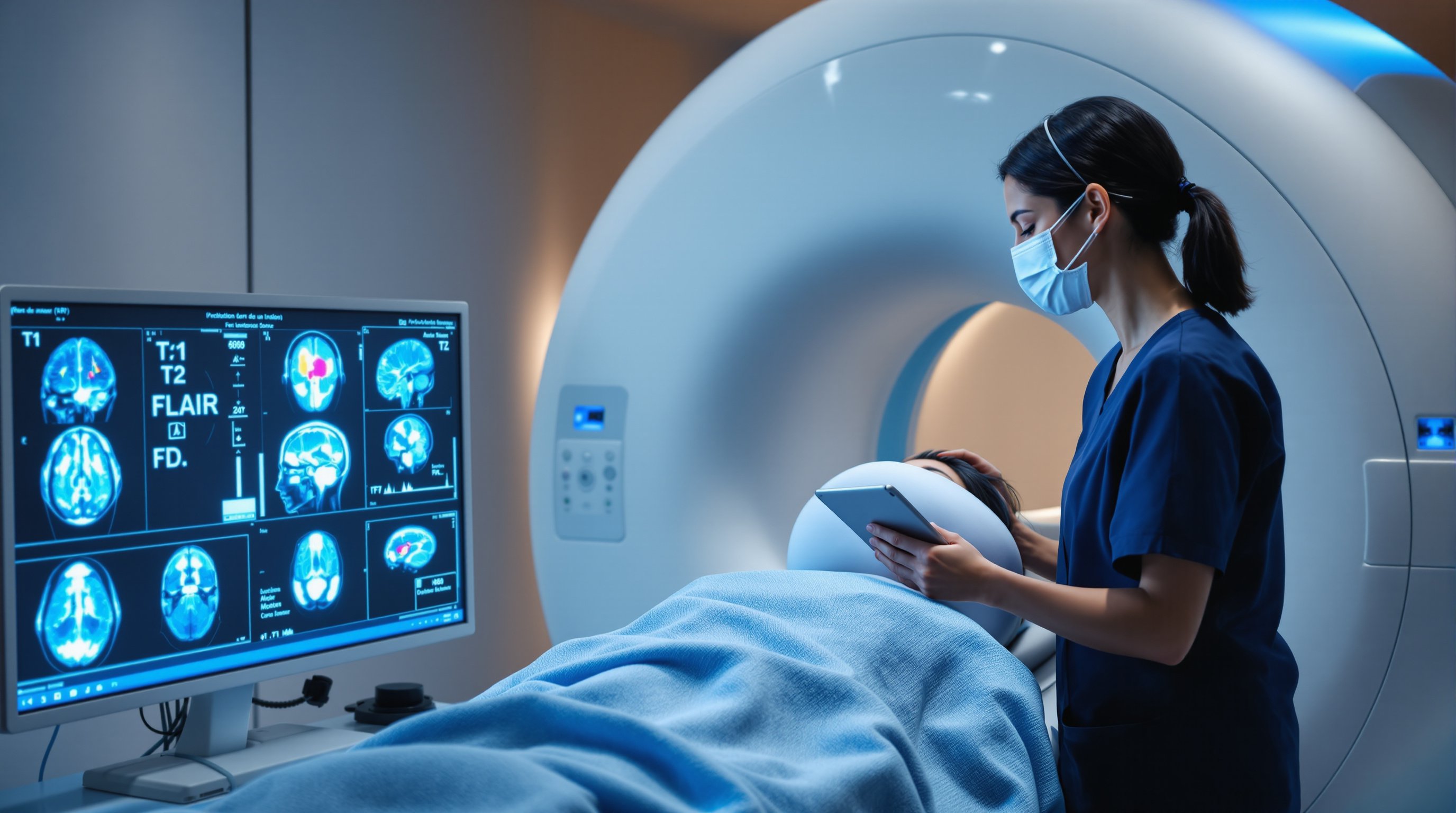 Technologist preparing a patient for a brain MRI with labeled brain scans visible.