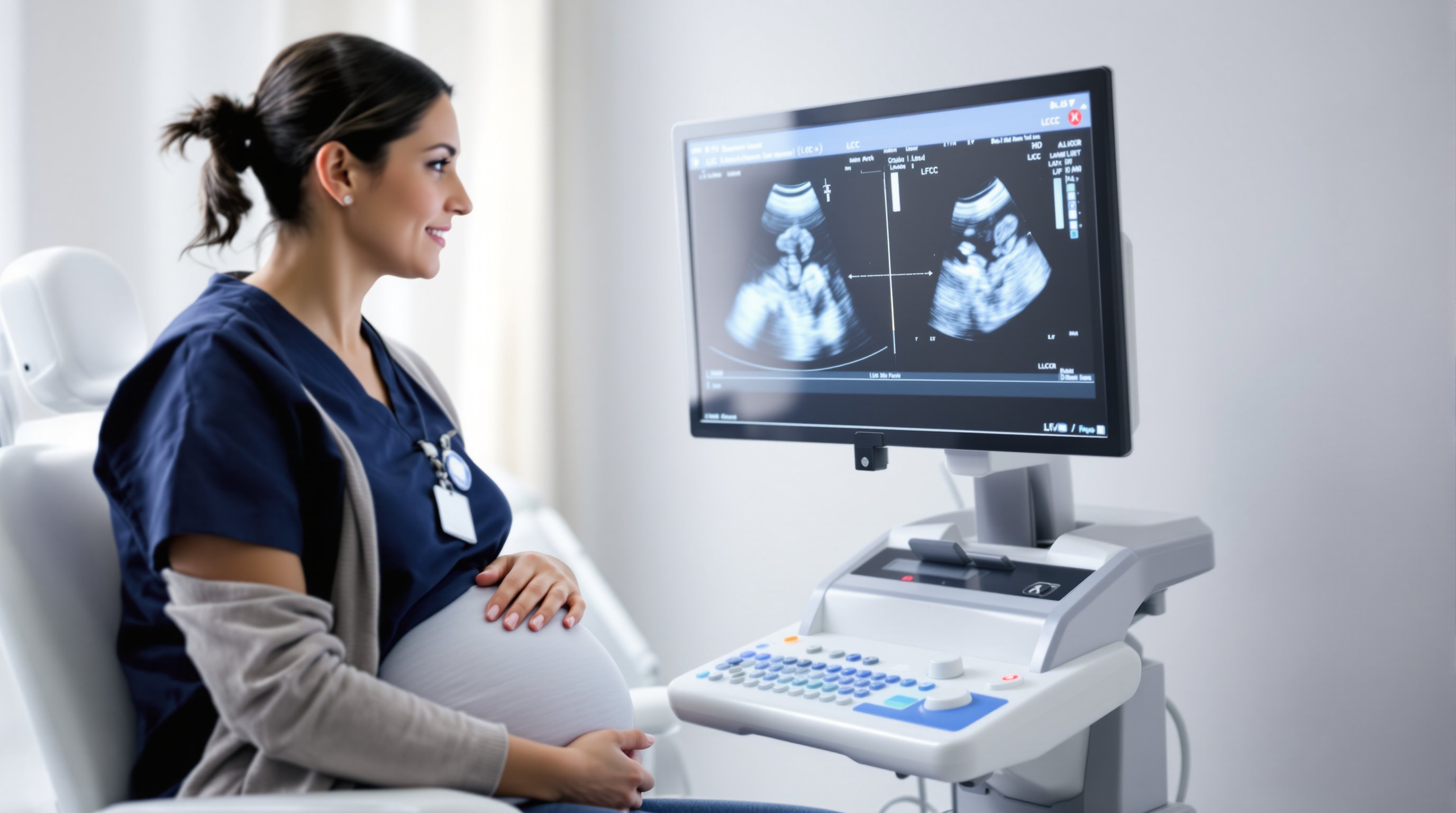 sonographer performing early pregnancy ultrasound showing embryo and CRL measurement